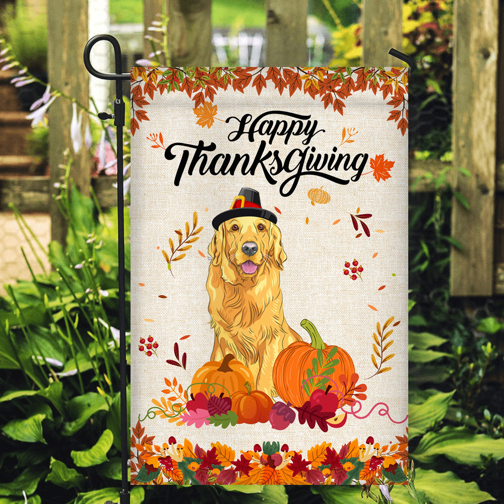 Happy Thanksgiving Funny Golden Retriever Flag Fall Pumpkin Farmhouse Autumn Thanksgiving | siriusteestore
