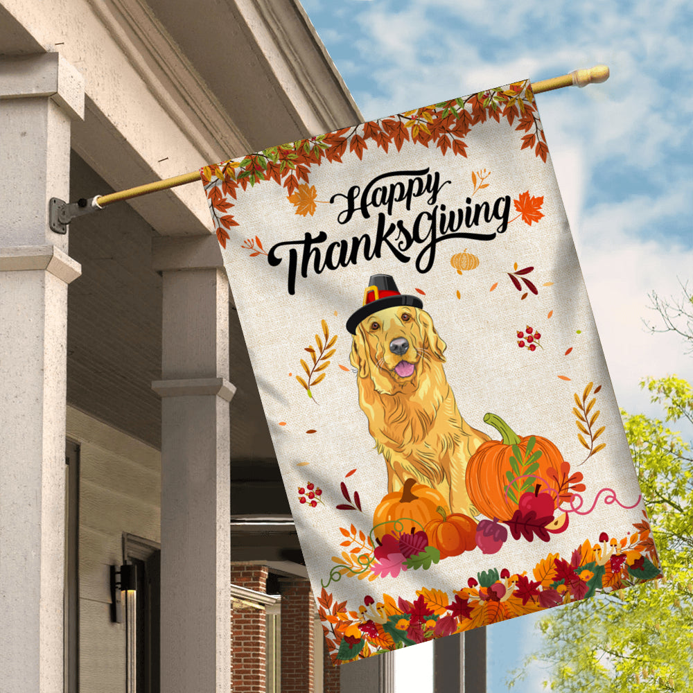 Happy Thanksgiving Funny Golden Retriever Flag Fall Pumpkin Farmhouse Autumn Thanksgiving | siriusteestore