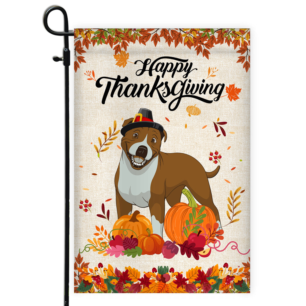 Happy Thanksgiving Funny Pitbull Flag Fall Pumpkin Farmhouse Autumn Thanksgiving | siriusteestore
