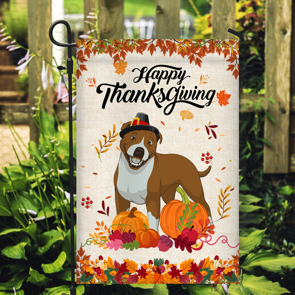 Happy Thanksgiving Funny Pitbull Flag Fall Pumpkin Farmhouse Autumn Thanksgiving | siriusteestore
