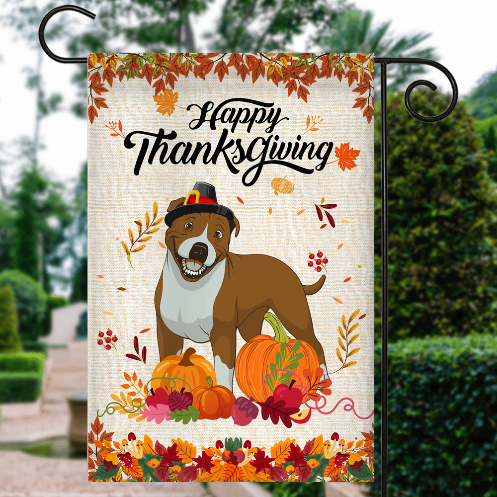 Happy Thanksgiving Funny Pitbull Flag Fall Pumpkin Farmhouse Autumn Thanksgiving | siriusteestore