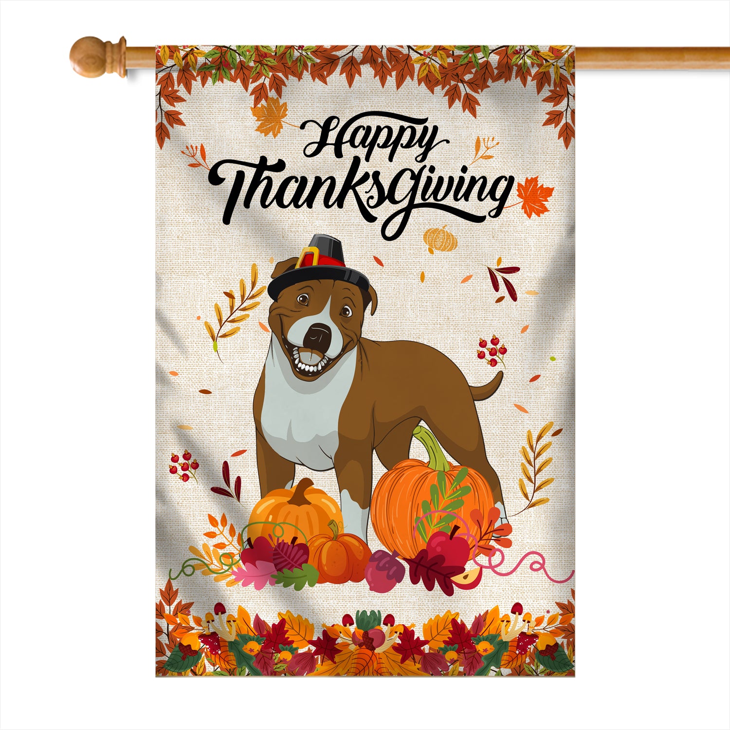 Happy Thanksgiving Funny Pitbull Flag Fall Pumpkin Farmhouse Autumn Thanksgiving | siriusteestore