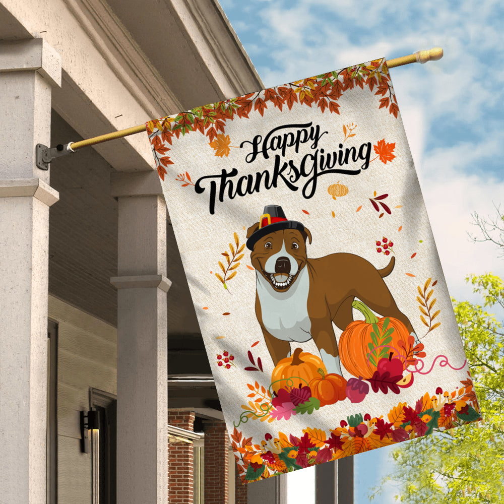Happy Thanksgiving Funny Pitbull Flag Fall Pumpkin Farmhouse Autumn Thanksgiving | siriusteestore