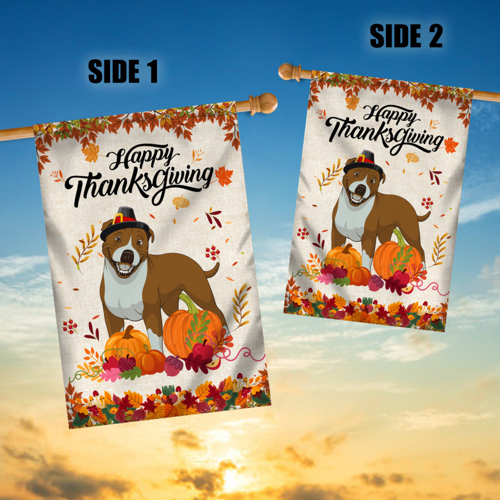 Happy Thanksgiving Funny Pitbull Flag Fall Pumpkin Farmhouse Autumn Thanksgiving | siriusteestore