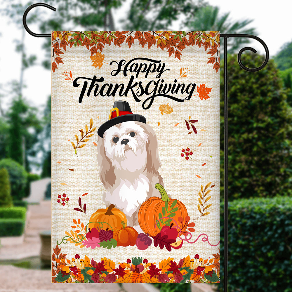 Happy Thanksgiving Funny Shih Tzu Flag Fall Pumpkin Farmhouse Autumn Thanksgiving | siriusteestore