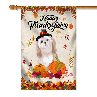 Happy Thanksgiving Funny Shih Tzu Flag Fall Pumpkin Farmhouse Autumn Thanksgiving | siriusteestore
