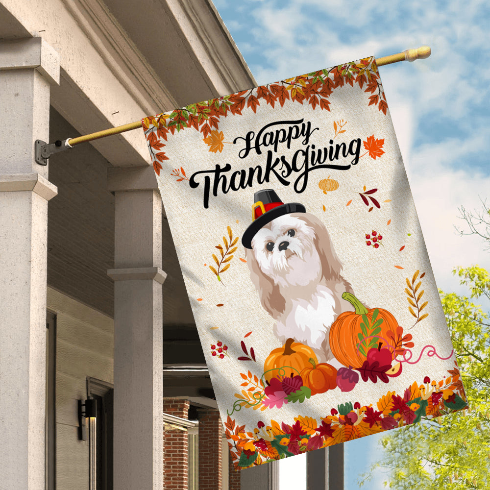 Happy Thanksgiving Funny Shih Tzu Flag Fall Pumpkin Farmhouse Autumn Thanksgiving | siriusteestore