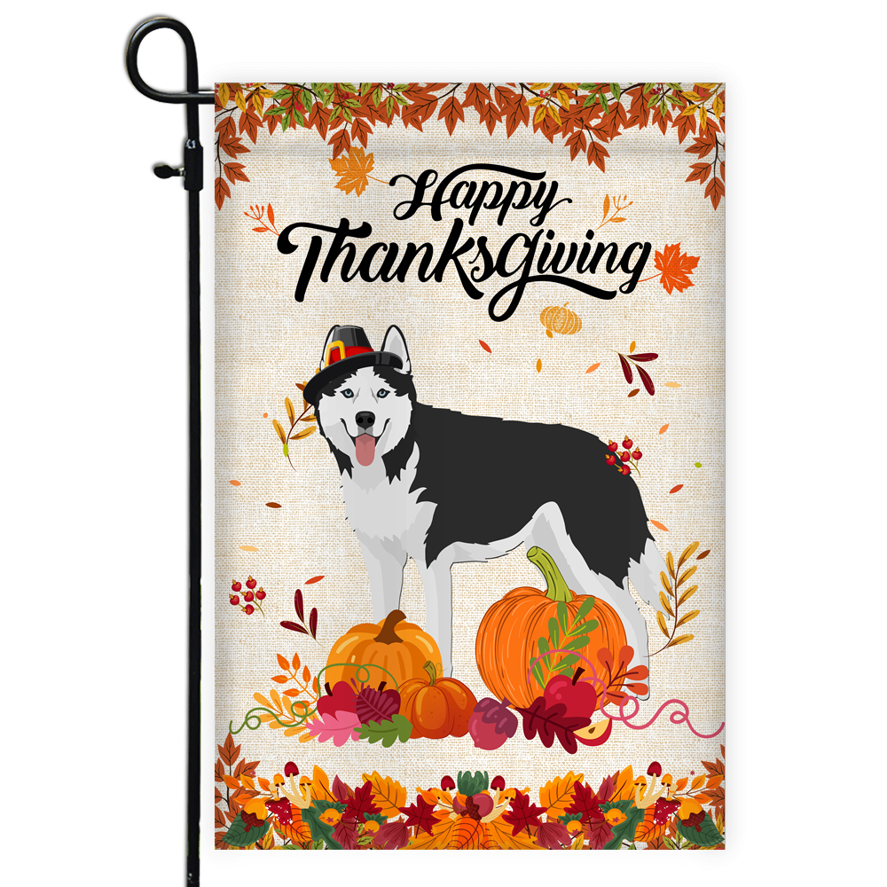 Happy Thanksgiving Funny Siberian Husky Flag Fall Pumpkin Farmhouse Autumn Thanksgiving | siriusteestore