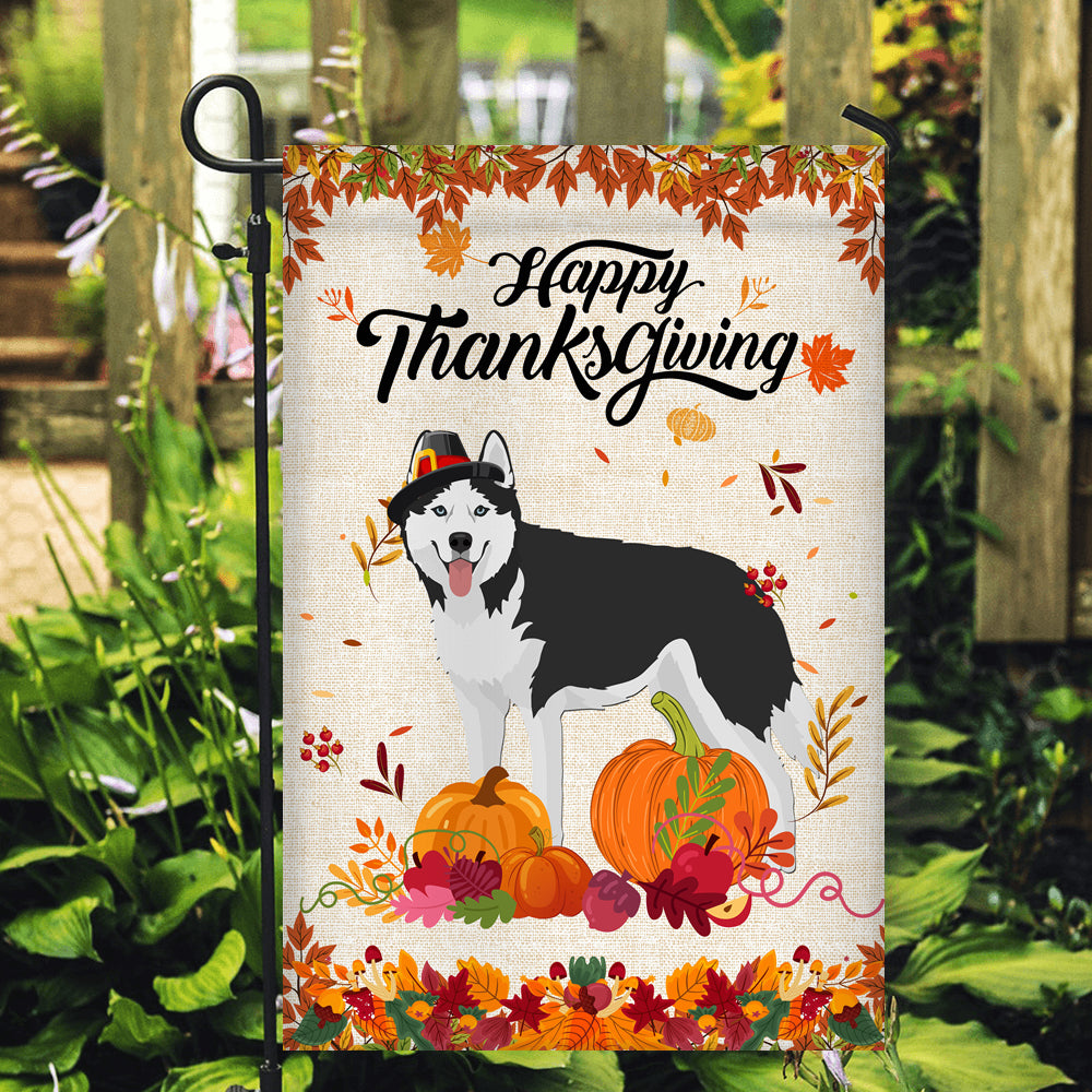 Happy Thanksgiving Funny Siberian Husky Flag Fall Pumpkin Farmhouse Autumn Thanksgiving | siriusteestore