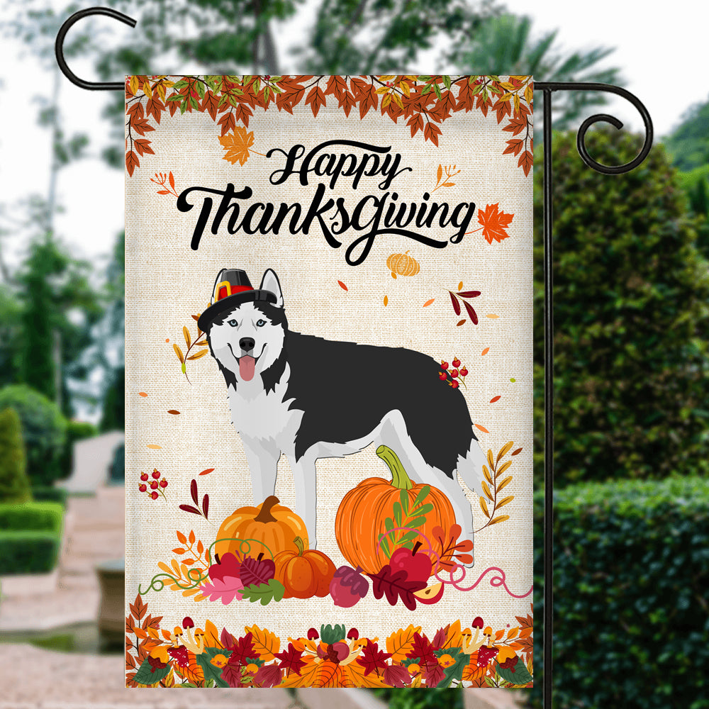 Happy Thanksgiving Funny Siberian Husky Flag Fall Pumpkin Farmhouse Autumn Thanksgiving | siriusteestore
