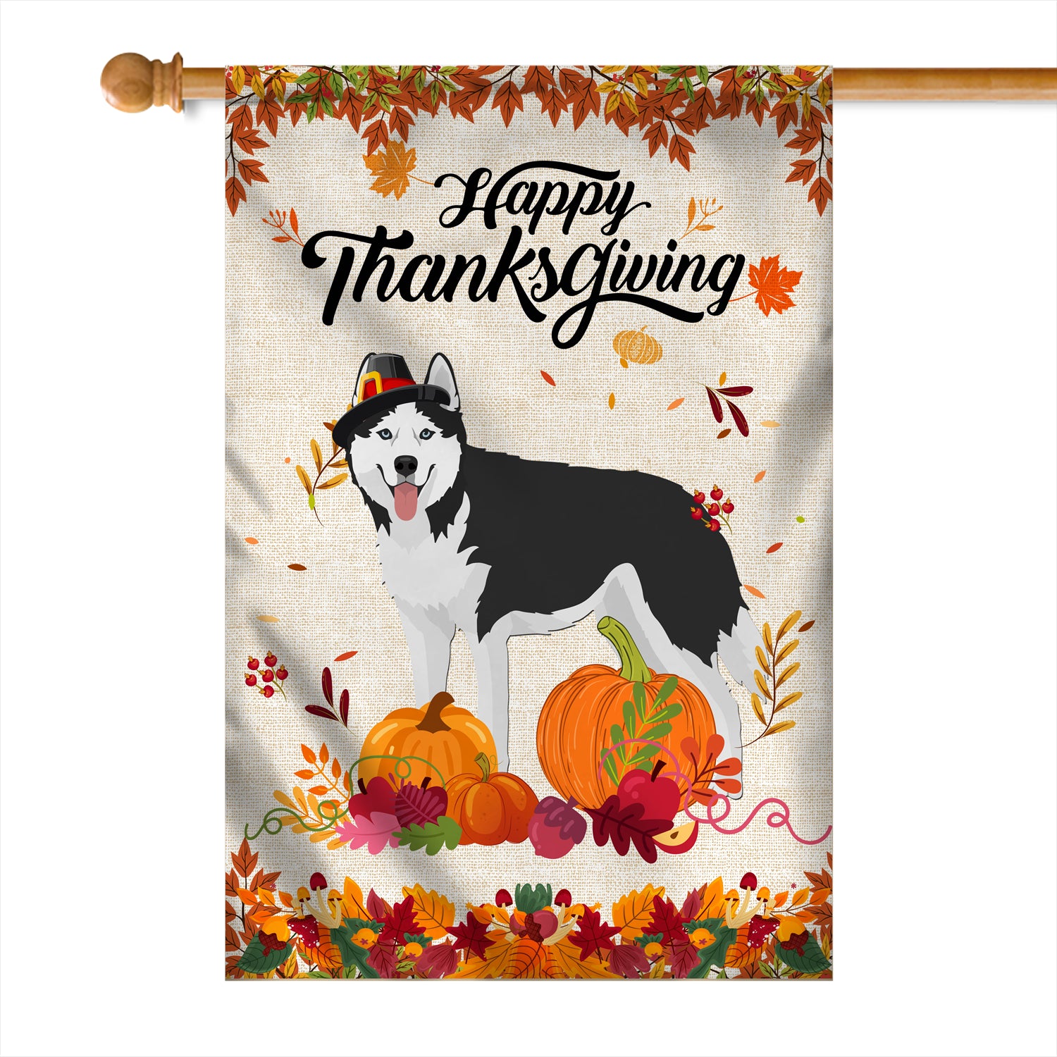 Happy Thanksgiving Funny Siberian Husky Flag Fall Pumpkin Farmhouse Autumn Thanksgiving | siriusteestore