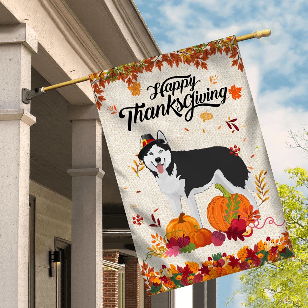 Happy Thanksgiving Funny Siberian Husky Flag Fall Pumpkin Farmhouse Autumn Thanksgiving | siriusteestore