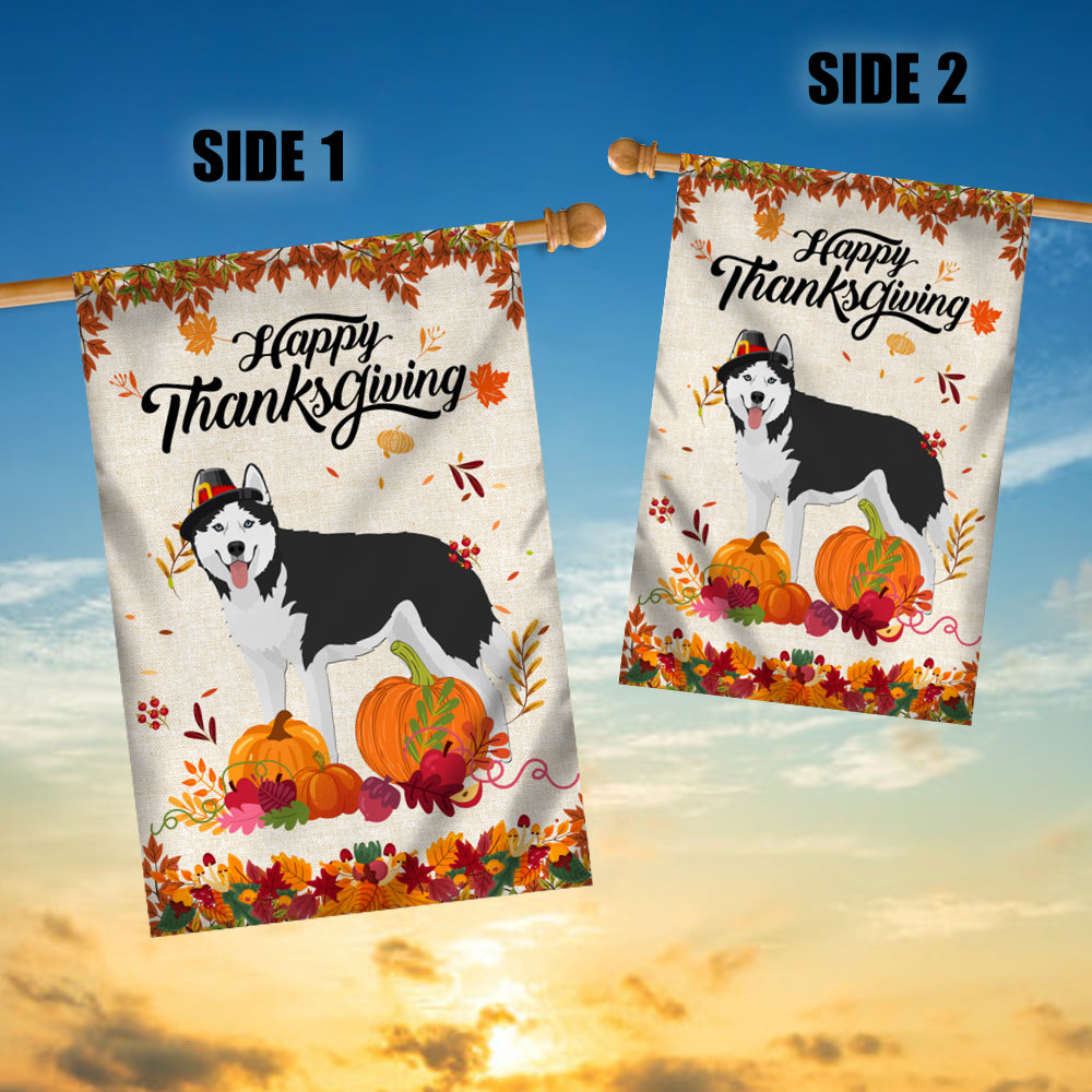 Happy Thanksgiving Funny Siberian Husky Flag Fall Pumpkin Farmhouse Autumn Thanksgiving | siriusteestore
