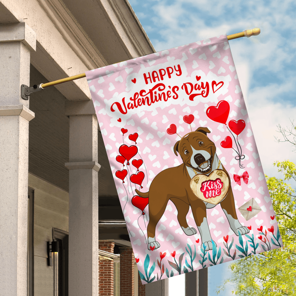 Happy Valentine's Day Pitbull Flag Dogs Funny Pitbull Heart Balloon Garden Flag House Flag