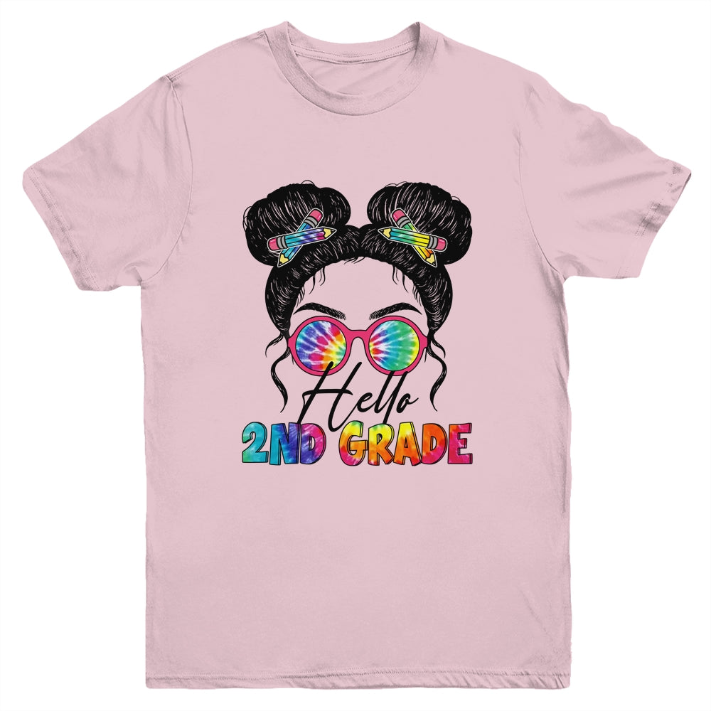 Hello 2nd Second Grade Messy Bun Back To School Tie Dye Girl Youth Shirt | siriusteestore