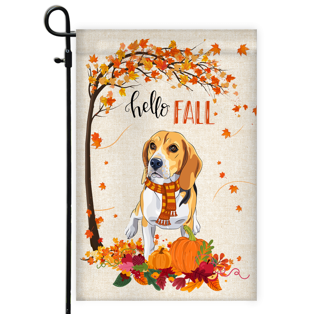Hello Fall Beagle Dog Flag Maple Leaves Orange Pumpkin Autumn | siriusteestore