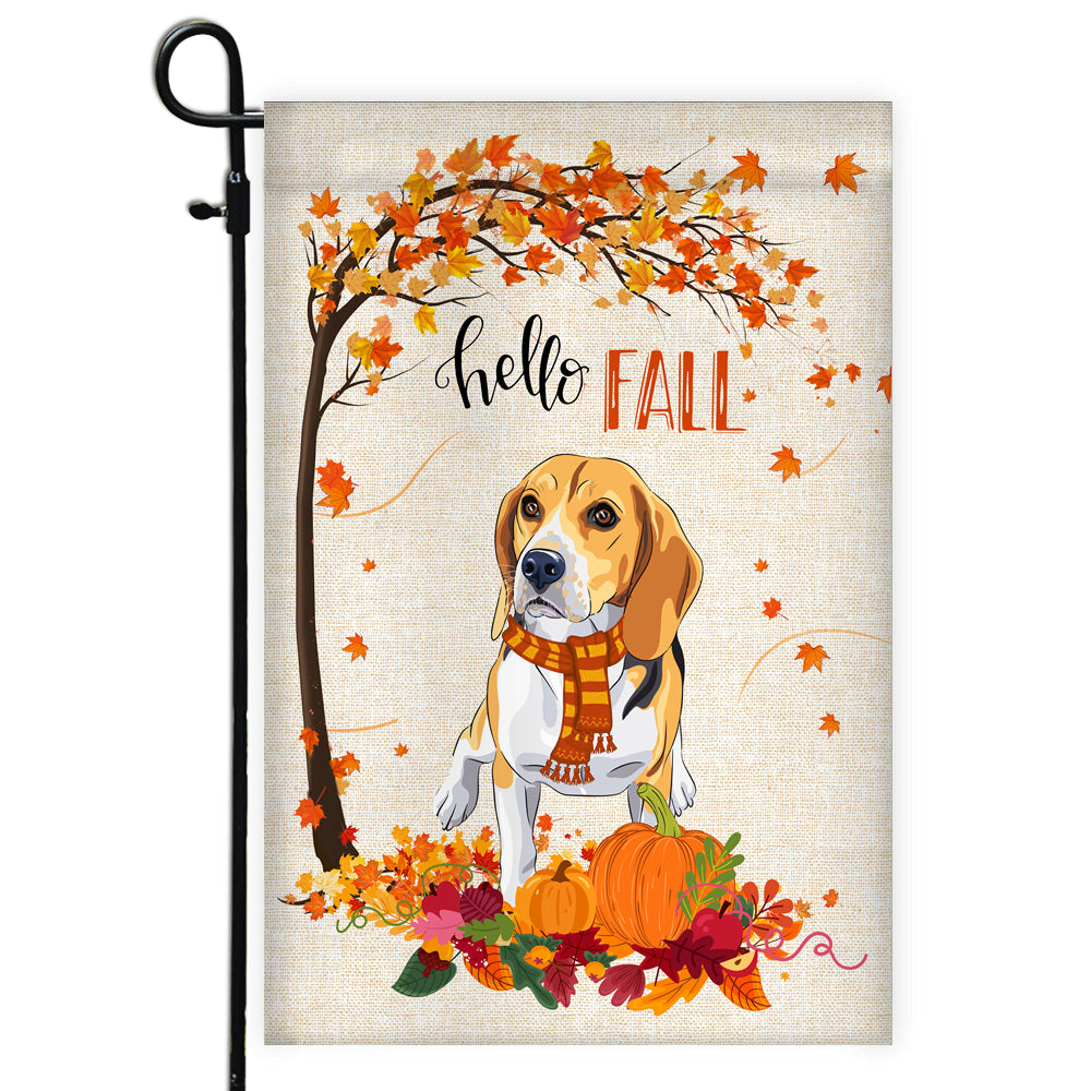 Hello Fall Beagle Dog Flag Maple Leaves Orange Pumpkin Autumn | siriusteestore