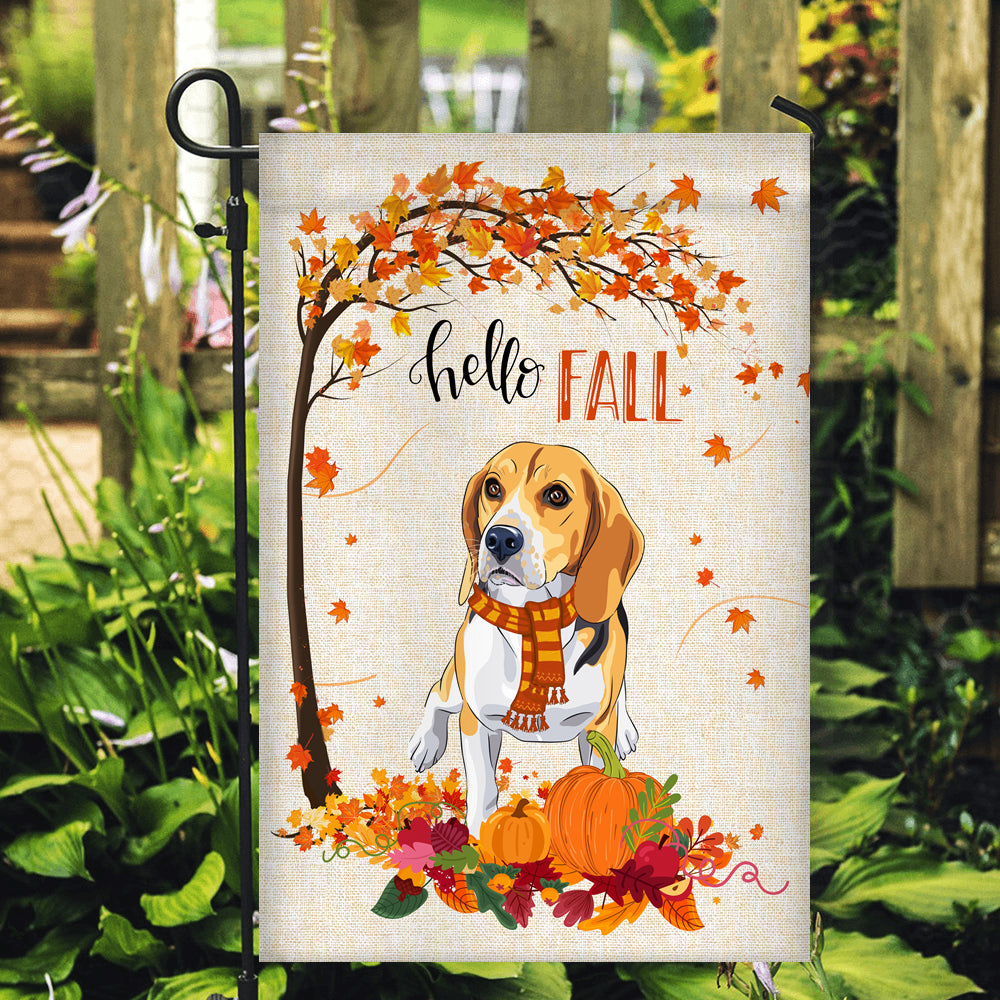 Hello Fall Beagle Dog Flag Maple Leaves Orange Pumpkin Autumn | siriusteestore