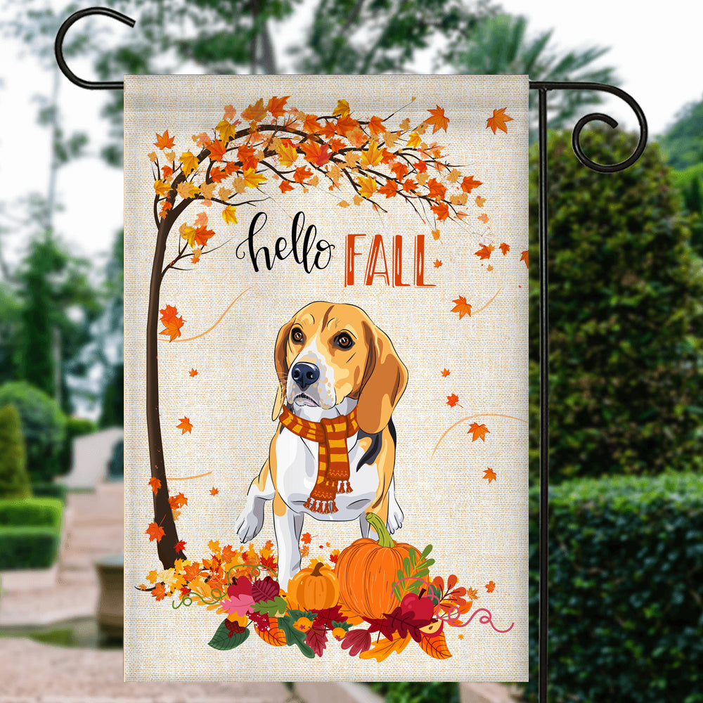 Hello Fall Beagle Dog Flag Maple Leaves Orange Pumpkin Autumn | siriusteestore