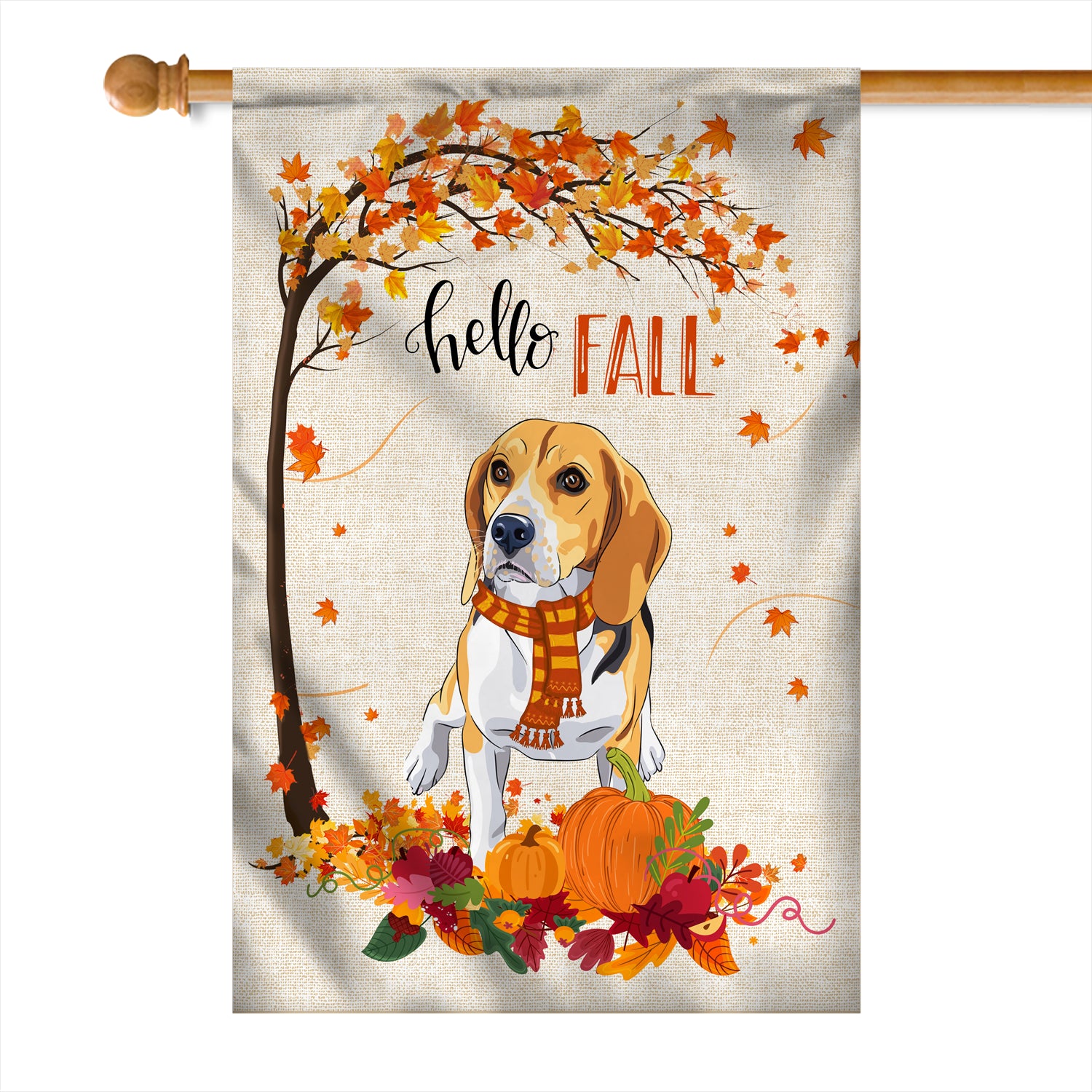 Hello Fall Beagle Dog Flag Maple Leaves Orange Pumpkin Autumn | siriusteestore