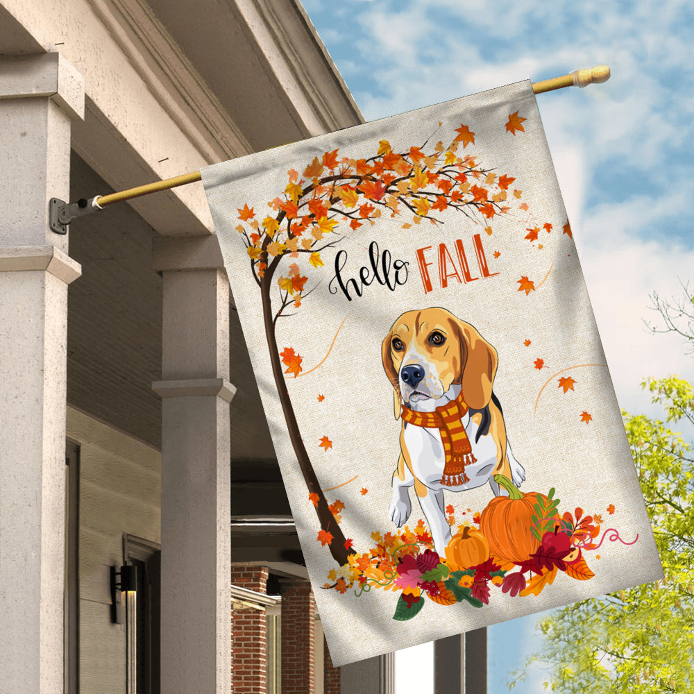 Hello Fall Beagle Dog Flag Maple Leaves Orange Pumpkin Autumn | siriusteestore