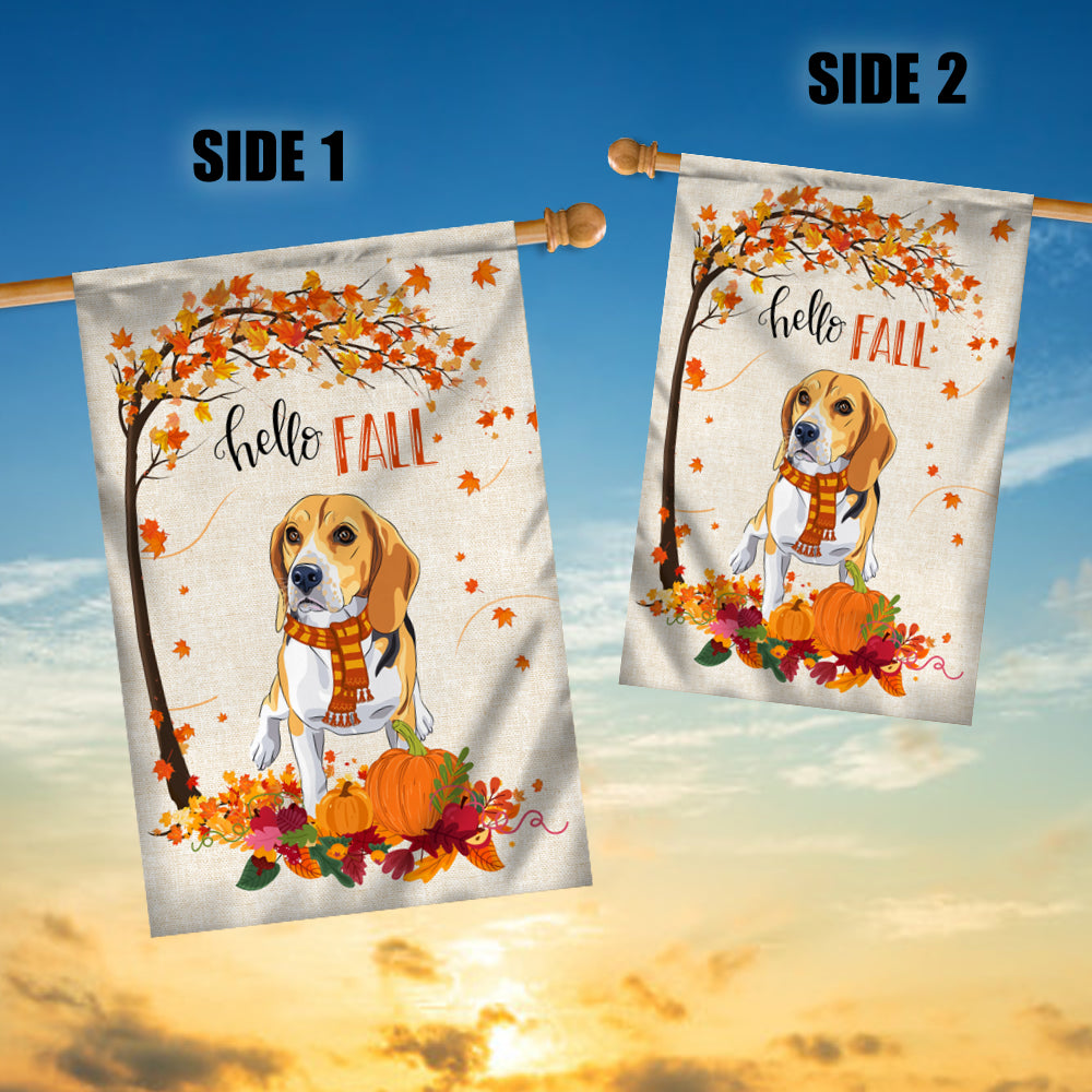 Hello Fall Beagle Dog Flag Maple Leaves Orange Pumpkin Autumn | siriusteestore