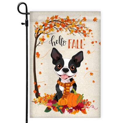 Hello Fall Boston Terrier Dog Flag Maple Leaves Orange Pumpkin Autumn | siriusteestore