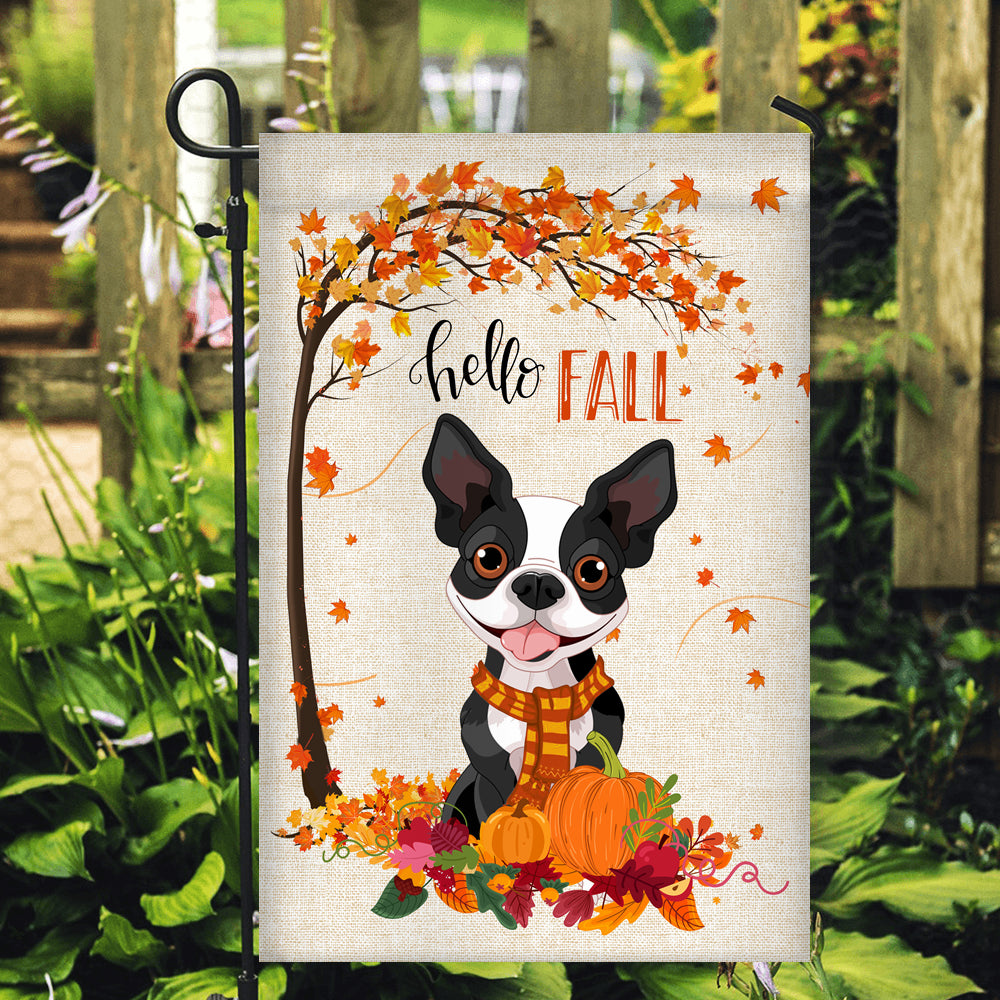 Hello Fall Boston Terrier Dog Flag Maple Leaves Orange Pumpkin Autumn | siriusteestore