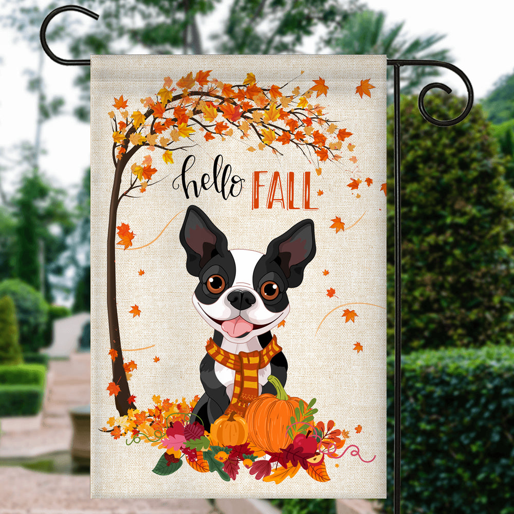 Hello Fall Boston Terrier Dog Flag Maple Leaves Orange Pumpkin Autumn | siriusteestore