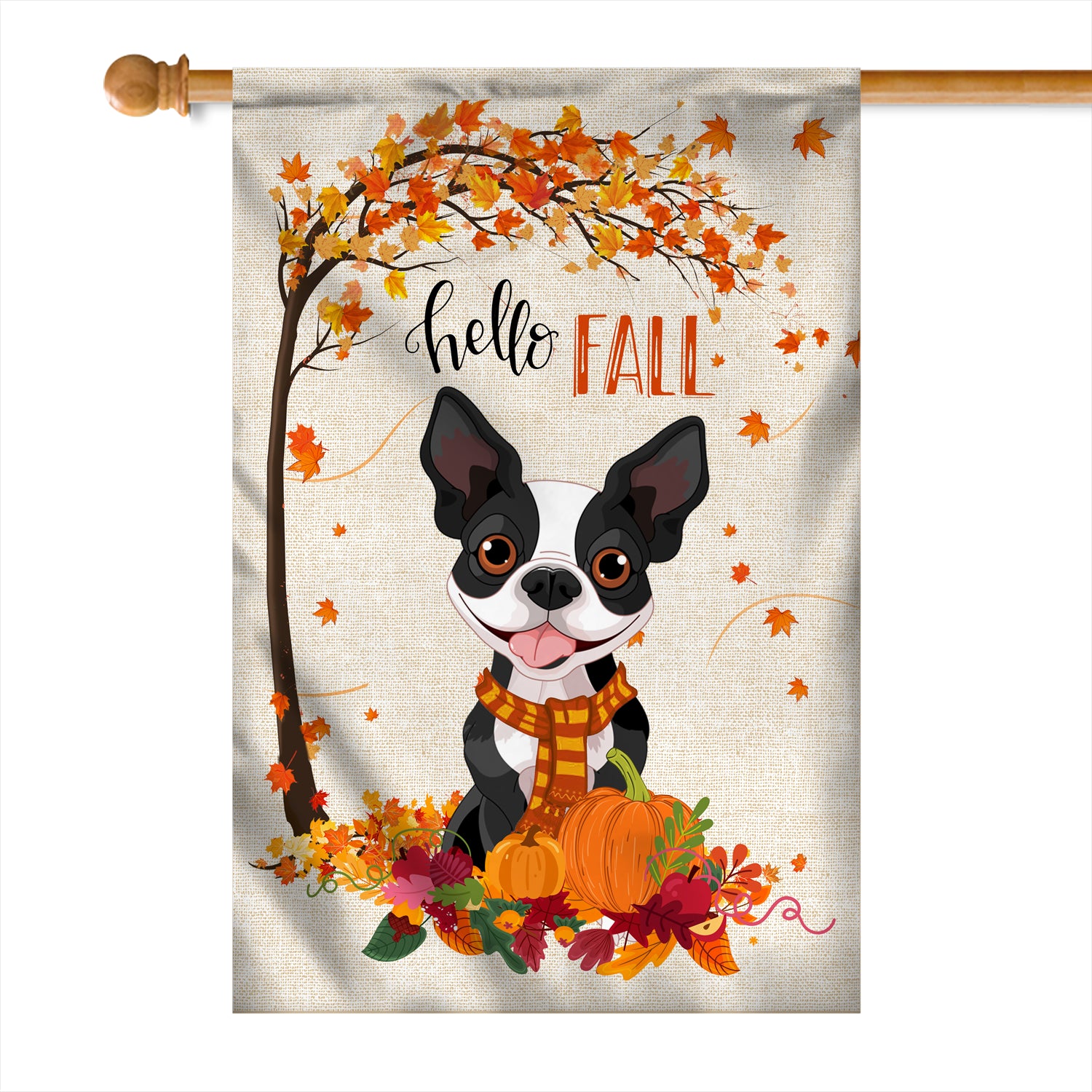 Hello Fall Boston Terrier Dog Flag Maple Leaves Orange Pumpkin Autumn | siriusteestore