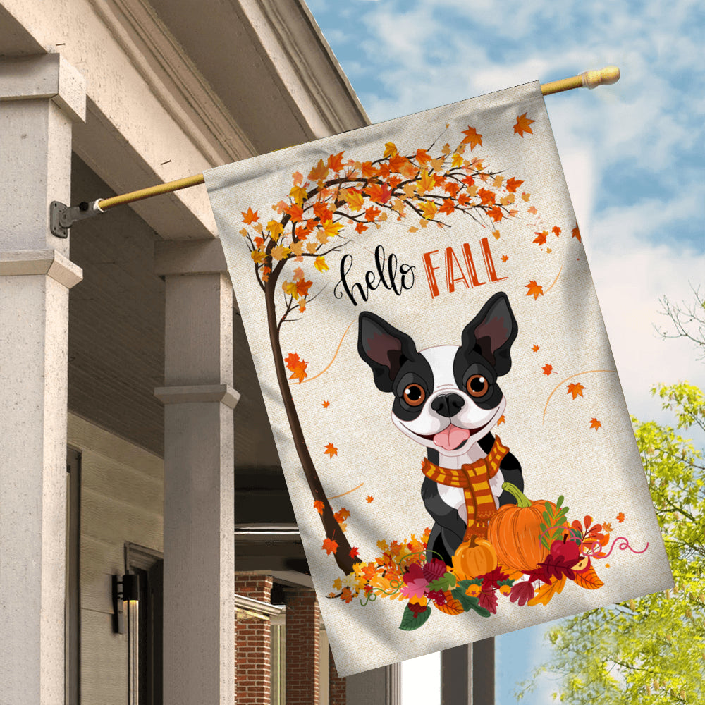 Hello Fall Boston Terrier Dog Flag Maple Leaves Orange Pumpkin Autumn | siriusteestore