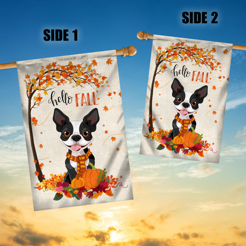 Hello Fall Boston Terrier Dog Flag Maple Leaves Orange Pumpkin Autumn | siriusteestore