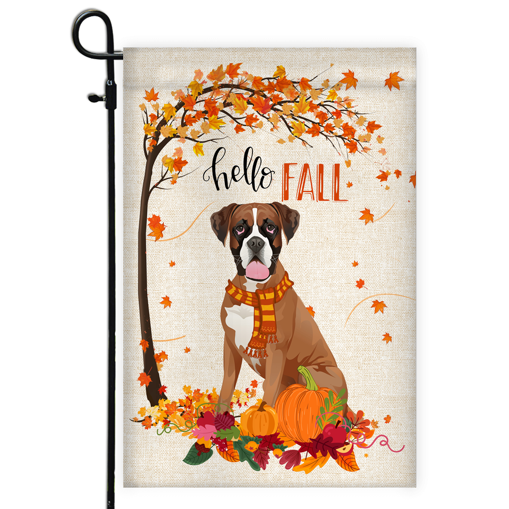 Hello Fall Boxer Dog Flag Maple Leaves Orange Pumpkin Autumn | siriusteestore