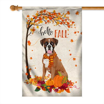 Hello Fall Boxer Dog Flag Maple Leaves Orange Pumpkin Autumn | siriusteestore