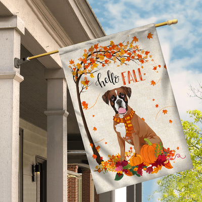 Hello Fall Boxer Dog Flag Maple Leaves Orange Pumpkin Autumn | siriusteestore