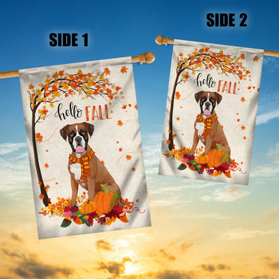 Hello Fall Boxer Dog Flag Maple Leaves Orange Pumpkin Autumn | siriusteestore