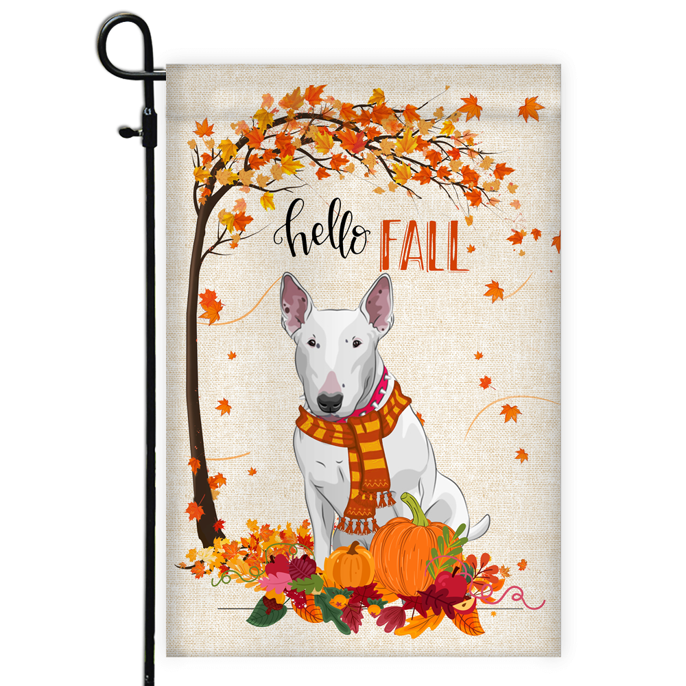 Hello Fall Bull Terrier Dog Flag Maple Leaves Orange Pumpkin Autumn | siriusteestore