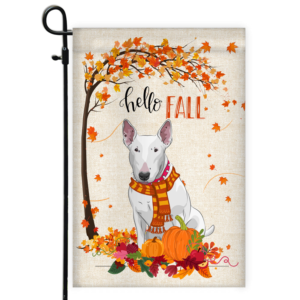 Hello Fall Bull Terrier Dog Flag Maple Leaves Orange Pumpkin Autumn | siriusteestore