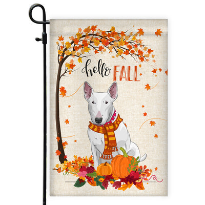 Hello Fall Bull Terrier Dog Flag Maple Leaves Orange Pumpkin Autumn | siriusteestore