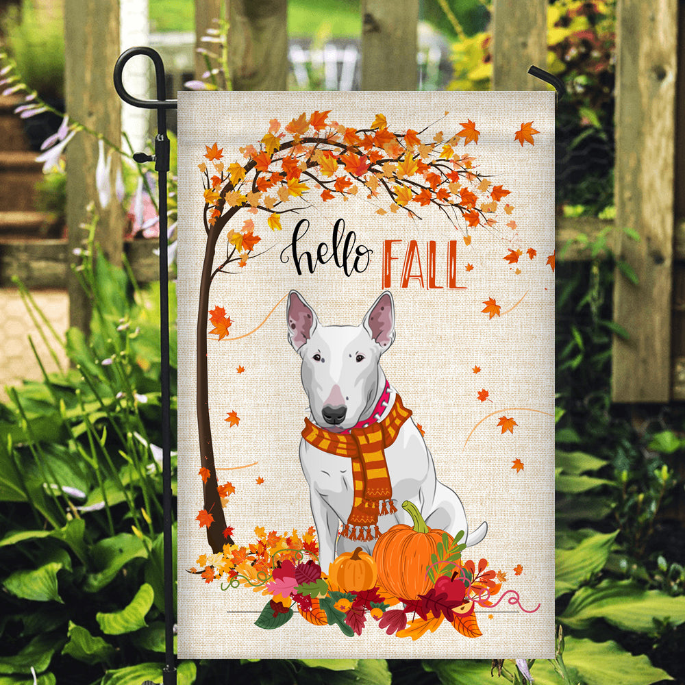 Hello Fall Bull Terrier Dog Flag Maple Leaves Orange Pumpkin Autumn | siriusteestore