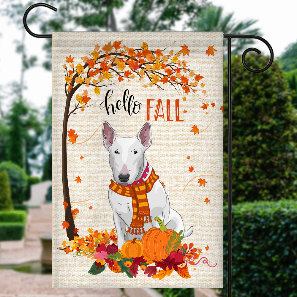 Hello Fall Bull Terrier Dog Flag Maple Leaves Orange Pumpkin Autumn | siriusteestore