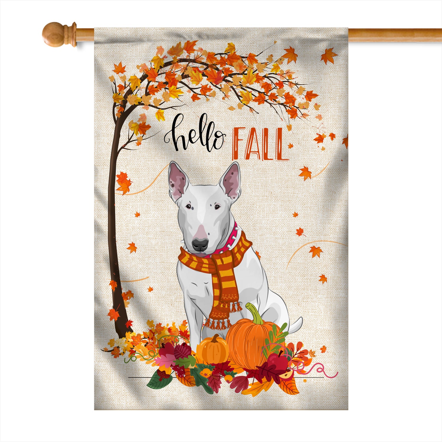 Hello Fall Bull Terrier Dog Flag Maple Leaves Orange Pumpkin Autumn | siriusteestore