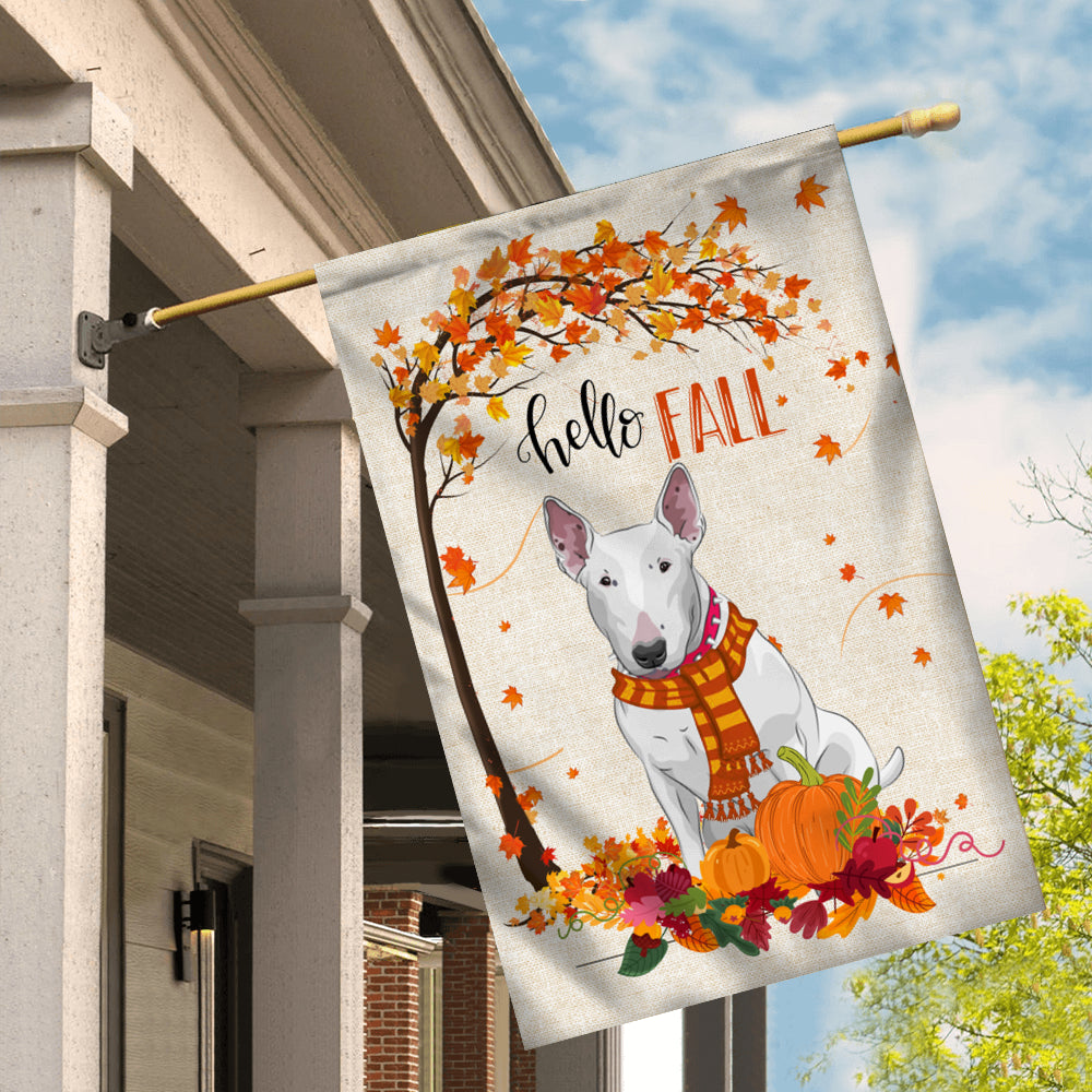Hello Fall Bull Terrier Dog Flag Maple Leaves Orange Pumpkin Autumn | siriusteestore