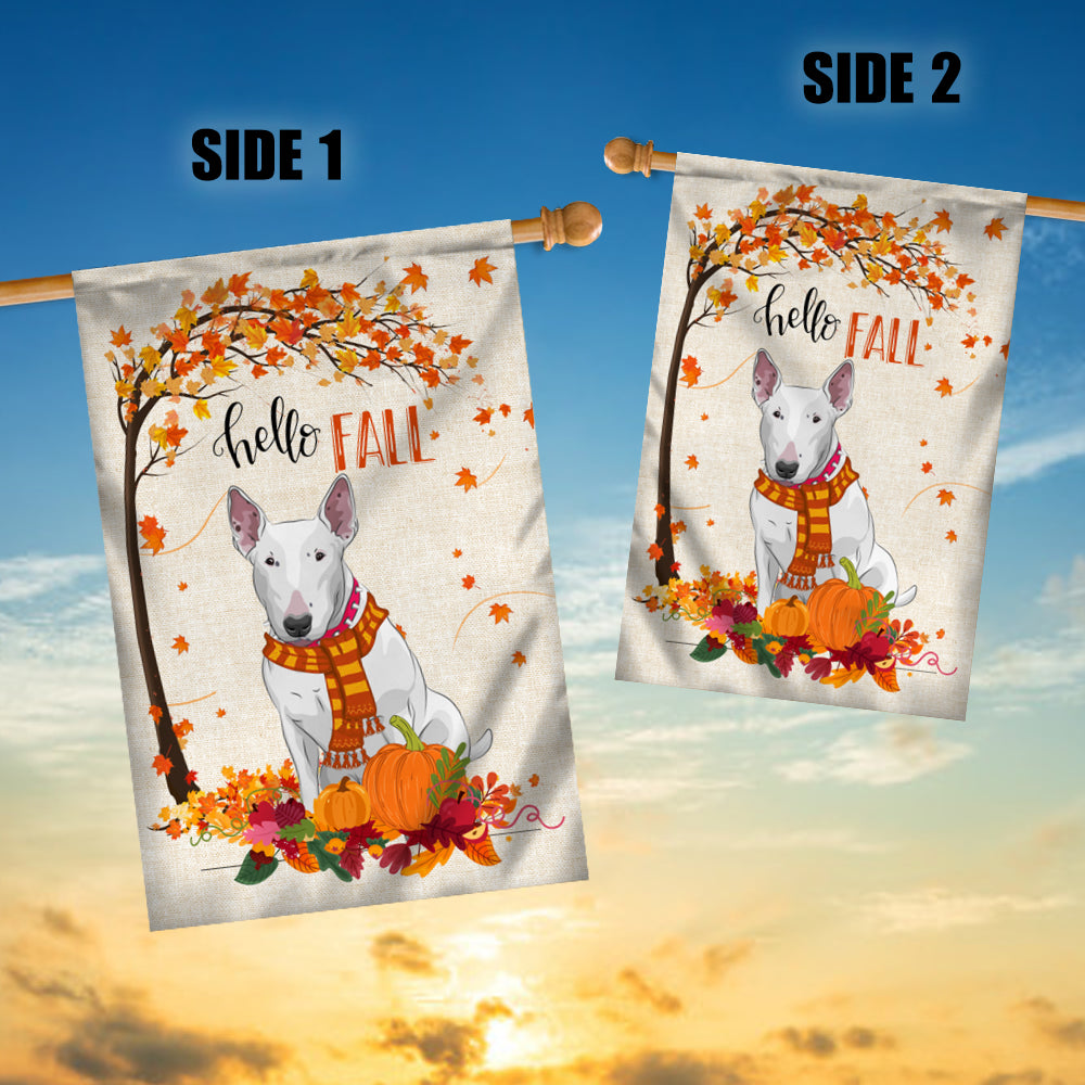 Hello Fall Bull Terrier Dog Flag Maple Leaves Orange Pumpkin Autumn | siriusteestore