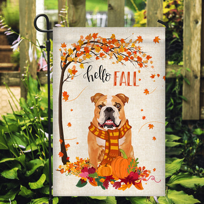 Hello Fall Bulldog Dog Flag Maple Leaves Orange Pumpkin Autumn | siriusteestore