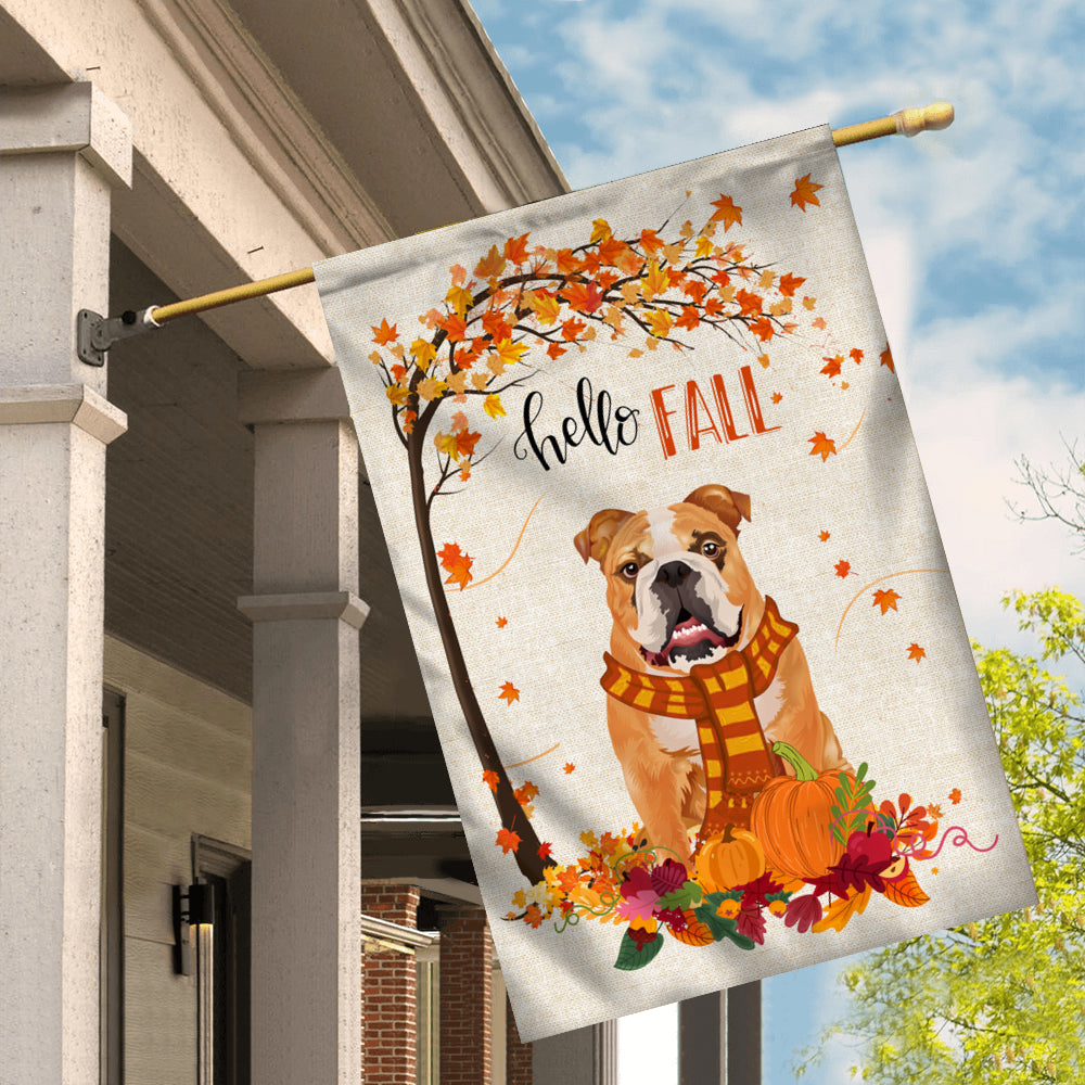 Hello Fall Bulldog Dog Flag Maple Leaves Orange Pumpkin Autumn | siriusteestore