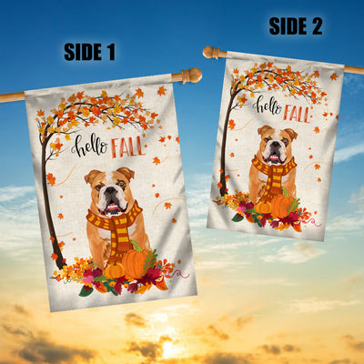 Hello Fall Bulldog Dog Flag Maple Leaves Orange Pumpkin Autumn | siriusteestore