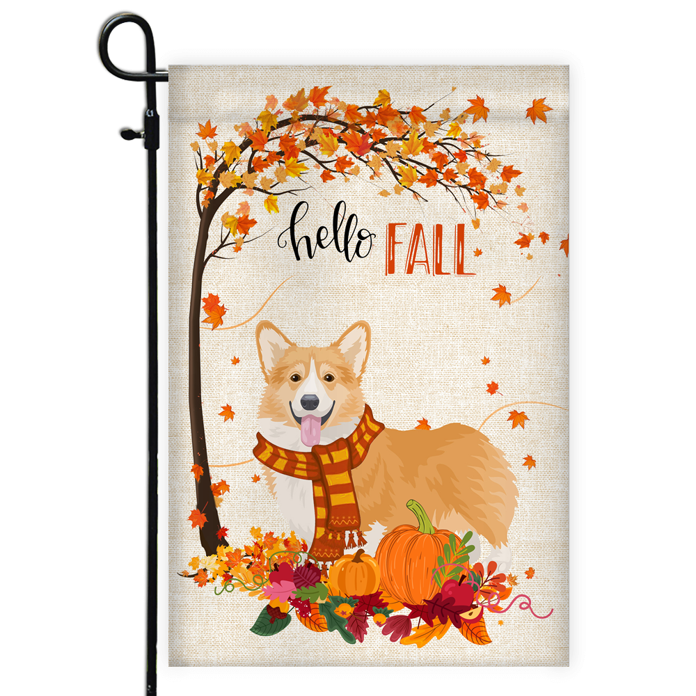 Hello Fall Corgi Dog Flag Maple Leaves Orange Pumpkin Autumn | siriusteestore