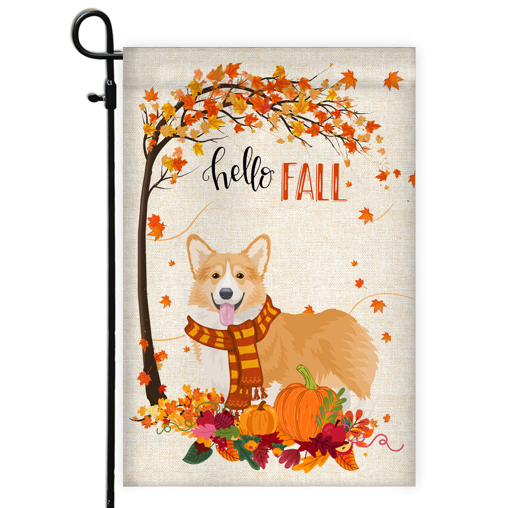 Hello Fall Corgi Dog Flag Maple Leaves Orange Pumpkin Autumn | siriusteestore