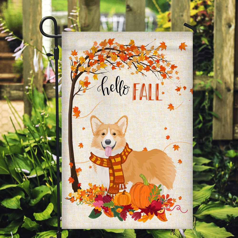 Hello Fall Corgi Dog Flag Maple Leaves Orange Pumpkin Autumn | siriusteestore